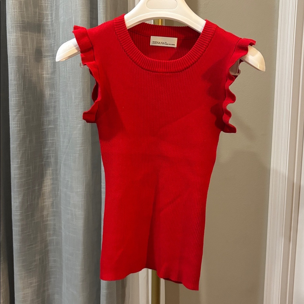 Zenana Outfitters Red Stretchy Flutter Sleeve Ruffled Ribbed tank Sz Medium